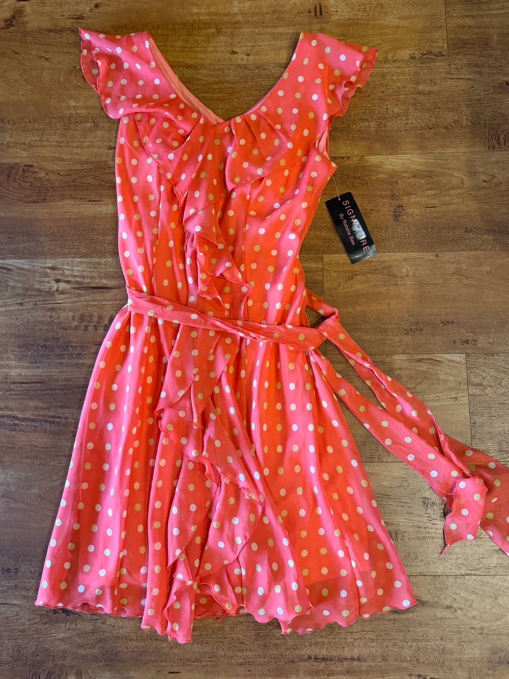Signature Robbie Bee Dress 16 Salmon Orange Tan Polka Dot Ruffle Faux Wrap NWT